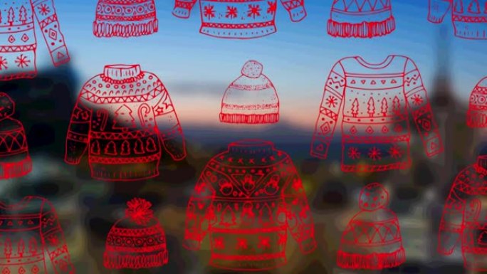 城市景观背景上的圣诞运动衫和帽子动画
