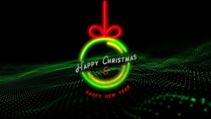 圣诞快乐霓虹文字动画和绿色网格上的圣诞摆设