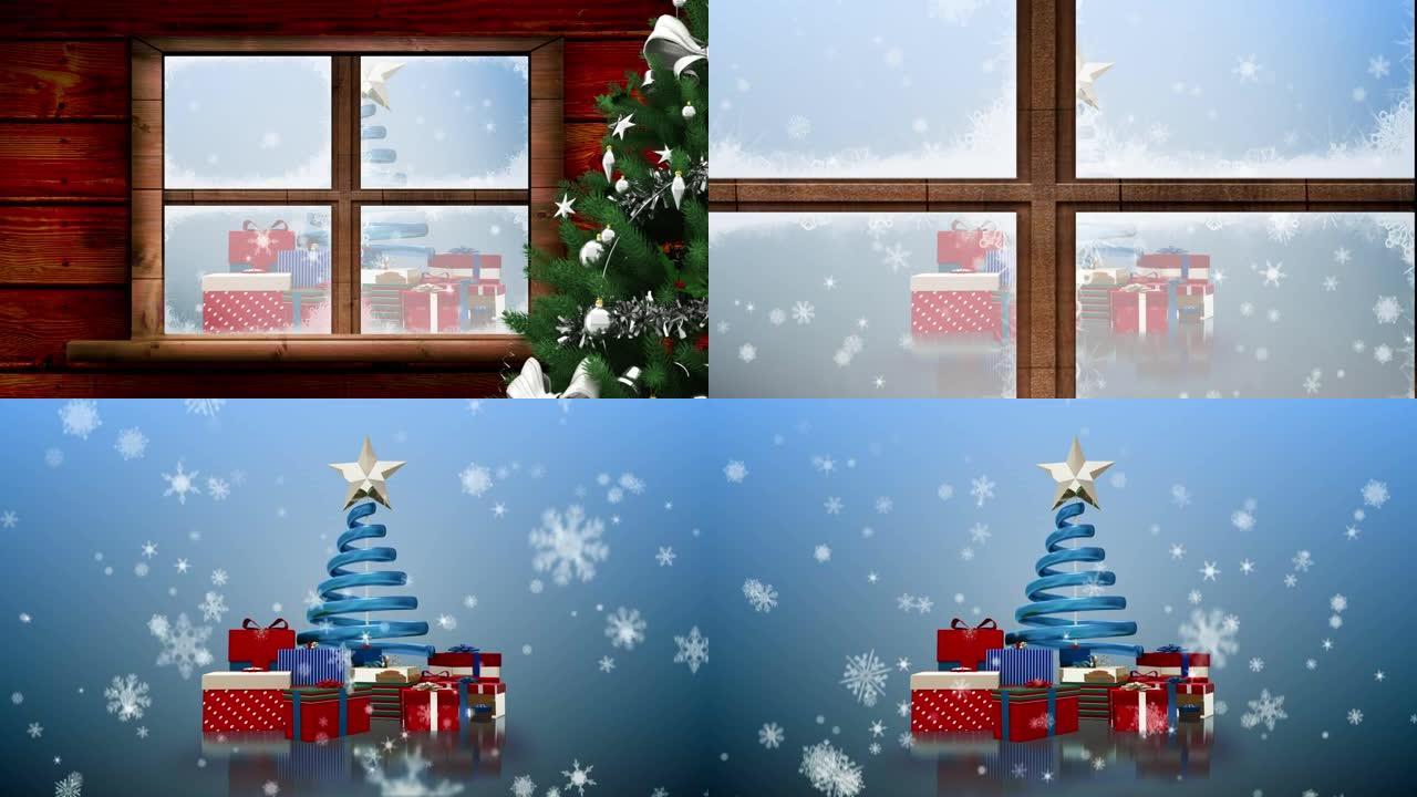 通过窗户看到的圣诞树，礼物和雪花的动画