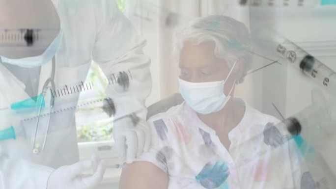 为戴面具的高级女性患者接种疫苗的医生注射器动画