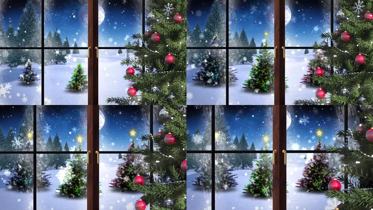 圣诞树和窗户在冬季景观上的动画