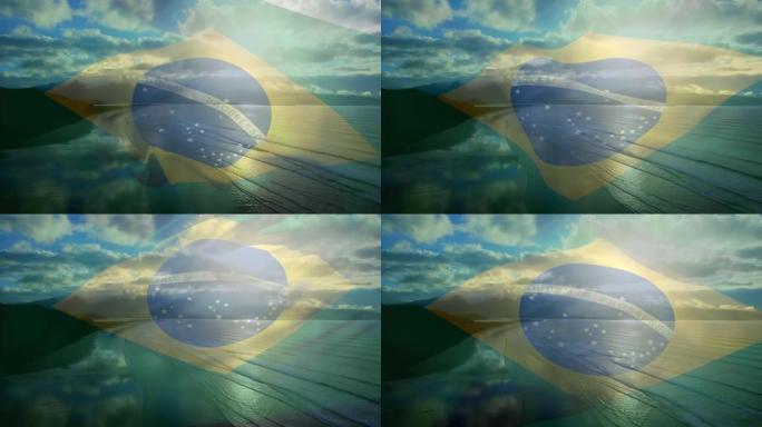 动画的巴西国旗飘扬在海滩景观，多云的蓝天和大海