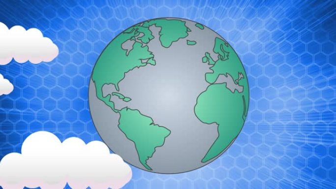 蓝天和云上的绿色和灰色地球仪和六角形网格动画