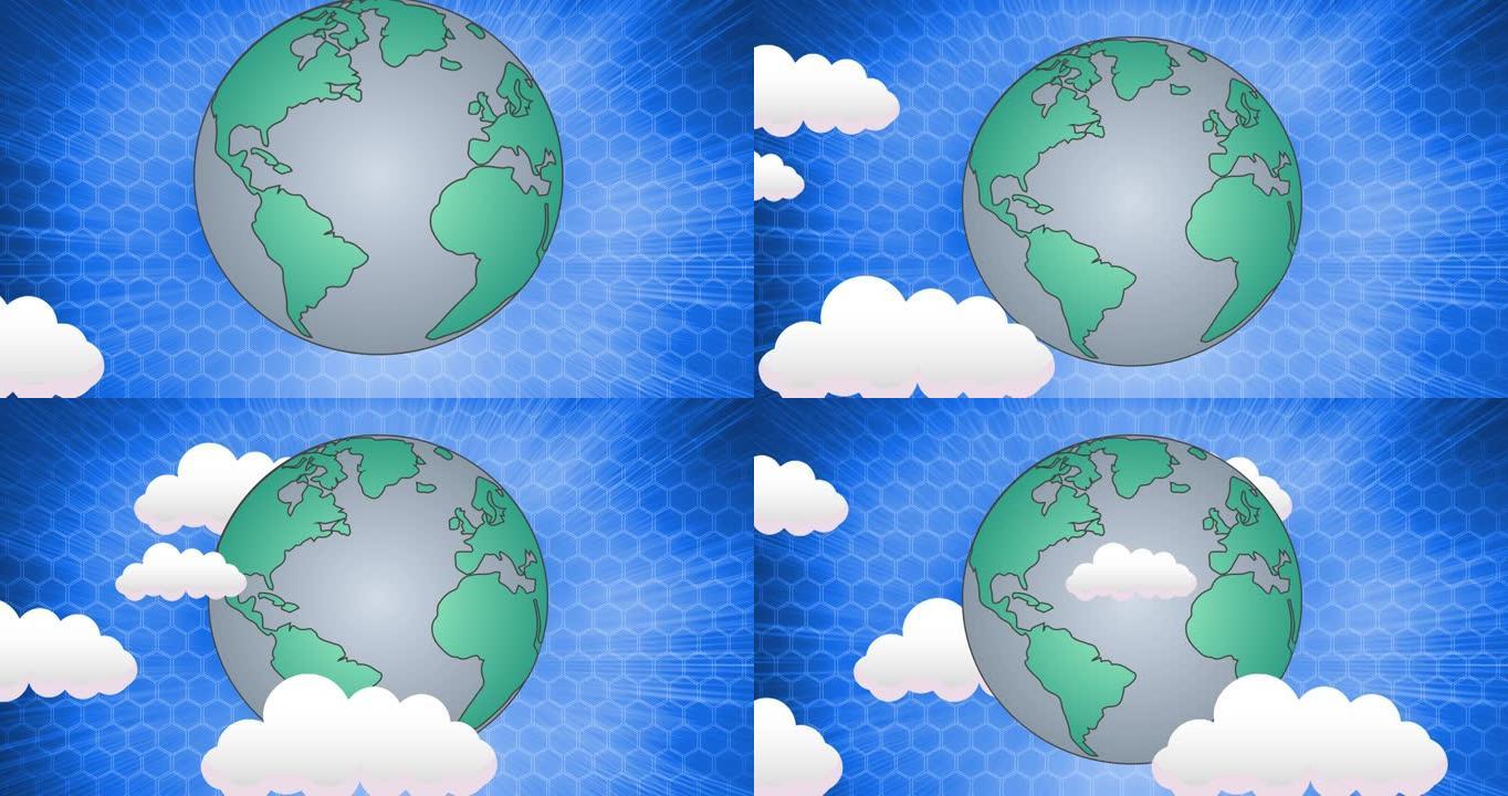 蓝天和云上的绿色和灰色地球仪和六角形网格动画
