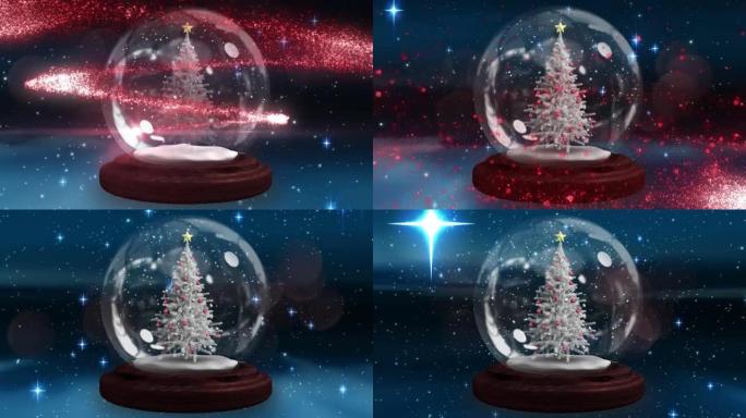 带有圣诞树的玻璃球动画，星星落在黑暗背景上