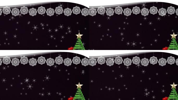 黑色背景上雪花落在圣诞树上的动画