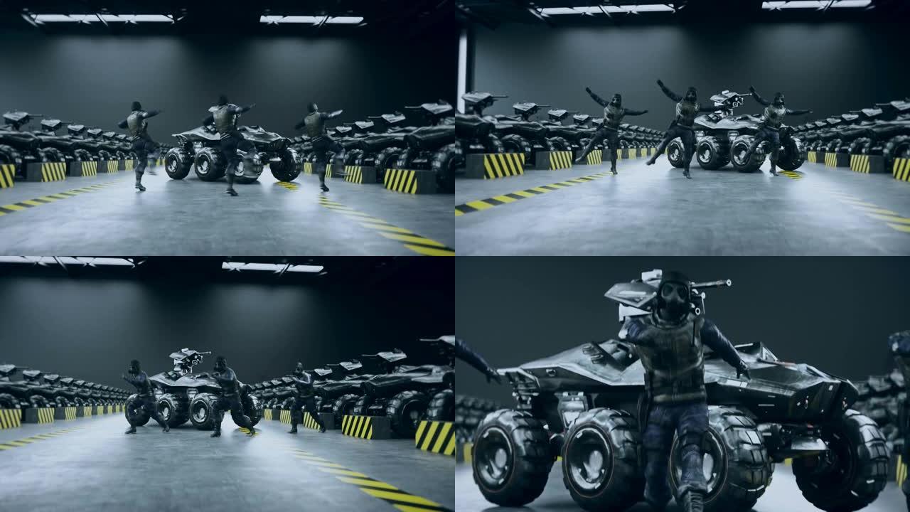未来主义军事士兵在军事基地跳舞。逼真的4k动画。