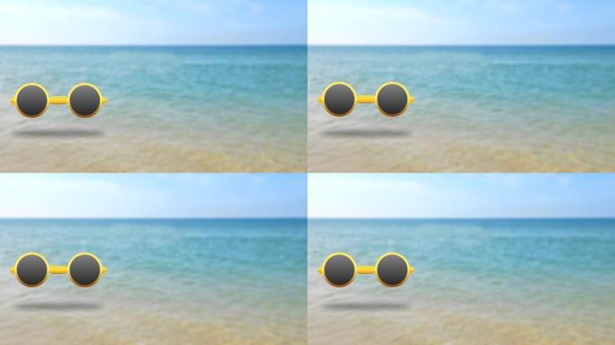 模糊海滩背景中的护目镜图标和符号。暑假和暑假的概念。看运动动画。