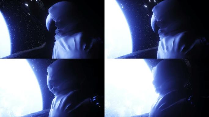 太空岩石洞穴中独自宇航员。空间视图。逼真的4k动画。