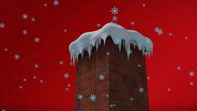 雪花落在白雪覆盖的砖墙烟囱上，红色背景上的雪花