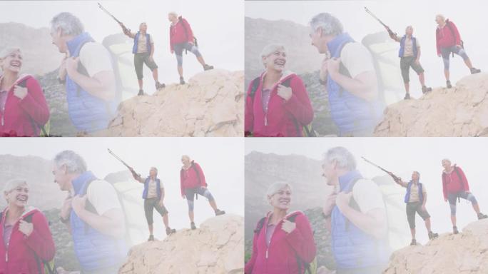 两对快乐的高加索老年夫妇在山腰徒步旅行的组合