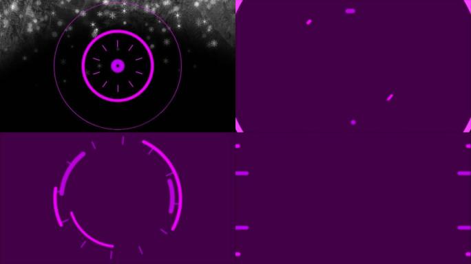 黑色夜空背景上圆形粉色瞄准镜在雪花上旋转的动画