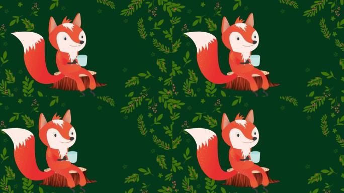 狐狸在圣诞节期间用杯子在叶子上的动画