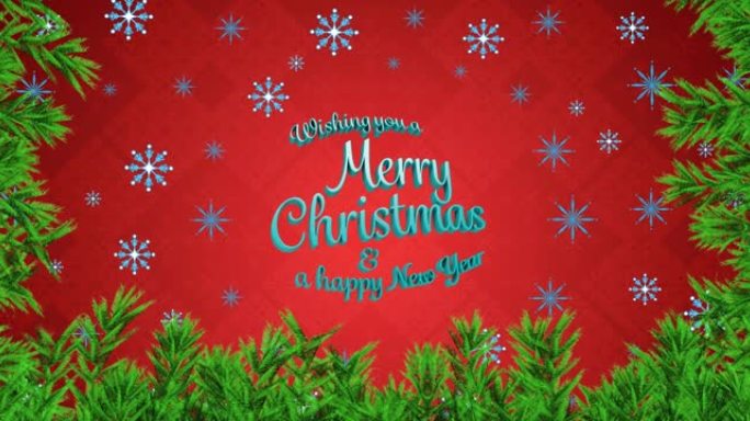 红色背景上圣诞快乐文本上的雪花和枞树动画