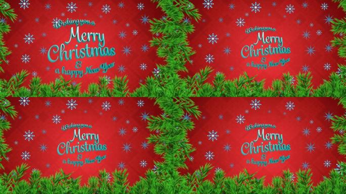红色背景上圣诞快乐文本上的雪花和枞树动画