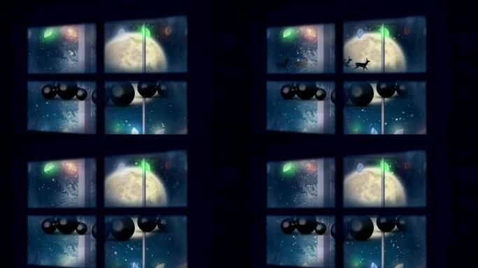 圣诞小玩意上的窗框悬挂着雪，在夜空中落在月亮上