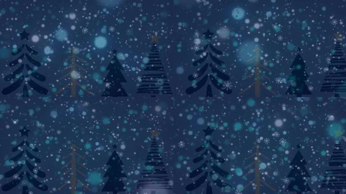 在黑暗的背景下，雪花落在杉树上的动画