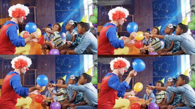 在儿童聚会上玩气球的五彩纸屑掉落在小丑上的动画
