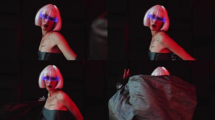 艺术赛博朋克视频，一个戴着发光眼镜的女人