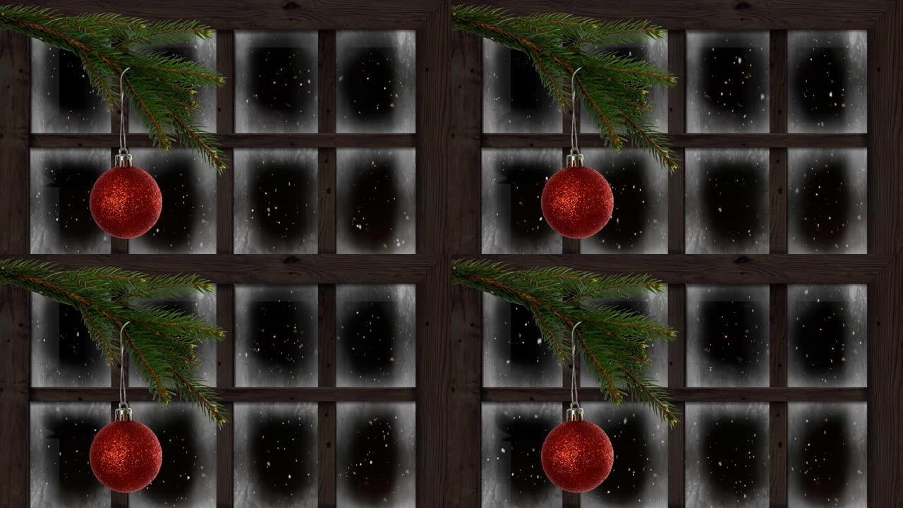 圣诞节装饰和窗户上积雪的动画