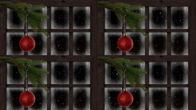 圣诞节装饰和窗户上积雪的动画