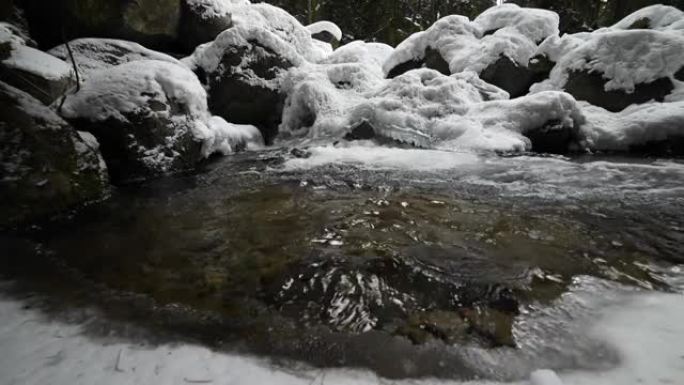 在针叶林中流淌的山区河流的死水特写。冰雪中的冰冻石头。横向移动滑动。广角