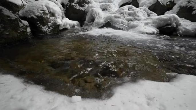 在针叶林中流淌的山区河流的死水特写。冰雪中的冰冻石头。横向移动滑动。广角