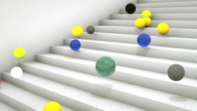 3D动画很多彩球从白色楼梯掉下来。输送机上升，球滚动下来。抽象3D动画。