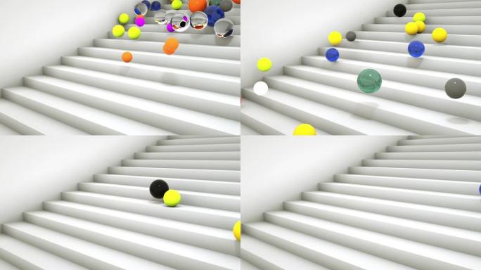 3D动画很多彩球从白色楼梯掉下来。输送机上升，球滚动下来。抽象3D动画。