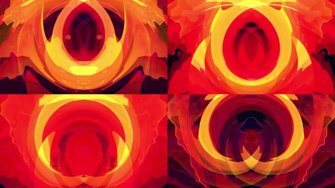 摘要背景无缝环路红黄动态对称火焰能量等离子体波随空间的影响。4k 3D渲染未来分形火热火焰燃烧运动背