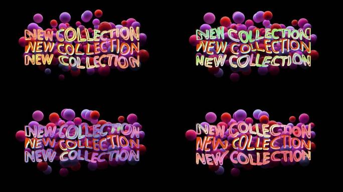 在黑色上漂浮的橙色和紫色球上弯曲彩色文本的新集合动画
