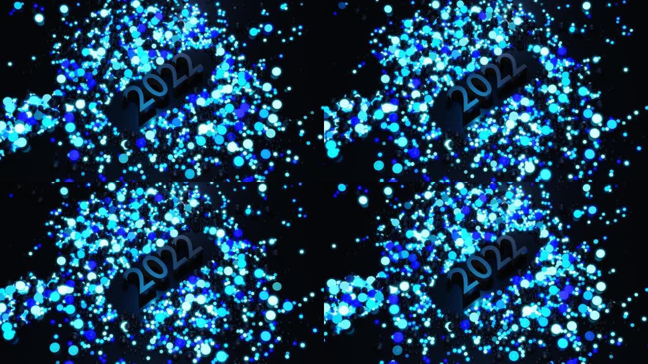 循环新年bg。数字2022和圣诞花环的球或球体散落在平面上，它们点亮蓝色，形成美丽的图案。带霓虹灯的