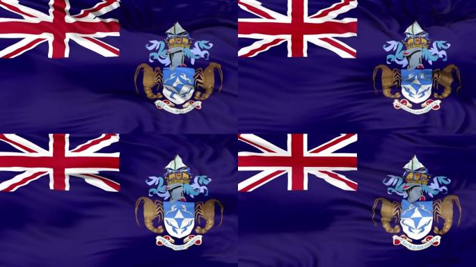 特里斯坦达库尼亚旗正在挥舞3D动画。特里斯坦-达库尼亚旗在风中飘扬。特里斯坦-达库尼亚岛国旗。标志无