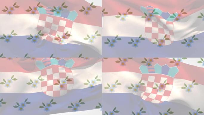 克罗地亚国旗的动画吹过一排排落下的花