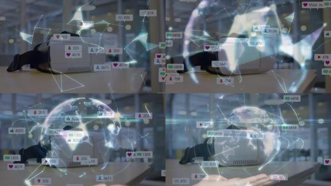 通过虚拟现实耳机改变社交媒体图标和数字的连接网络动画