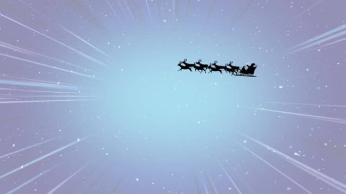雪落在雪橇上的圣诞老人上，被驯鹿拉到紫色的小径上