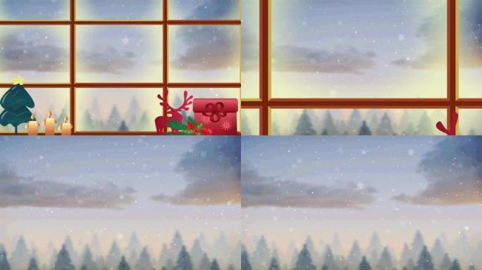 飘雪和冬季景观上的窗户和圣诞节装饰动画