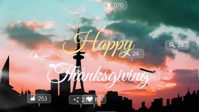 社交媒体图标上的多个演讲气泡上有感恩节快乐的文字