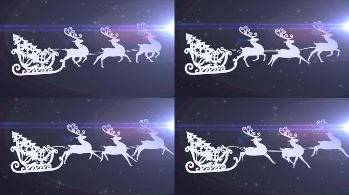 圣诞老人在雪橇上的动画，驯鹿在蓝色背景上的积雪上移动