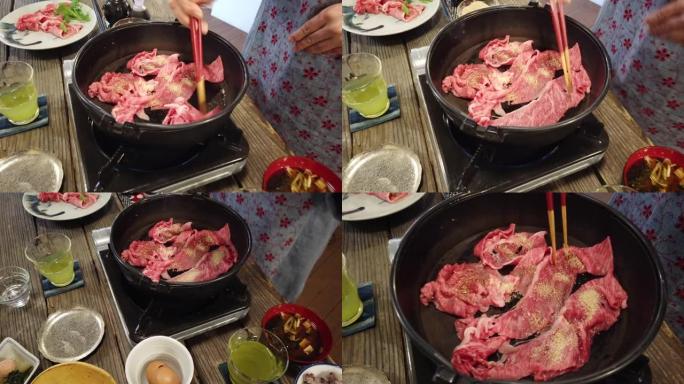 松坂牛肉在平底锅中煎炸: 日本料理