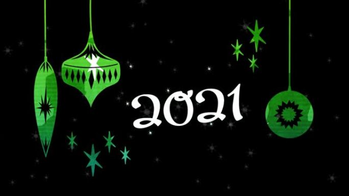 黑色背景上有降雪和绿色圣诞装饰的动画2021年