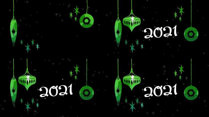 黑色背景上有降雪和绿色圣诞装饰的动画2021年
