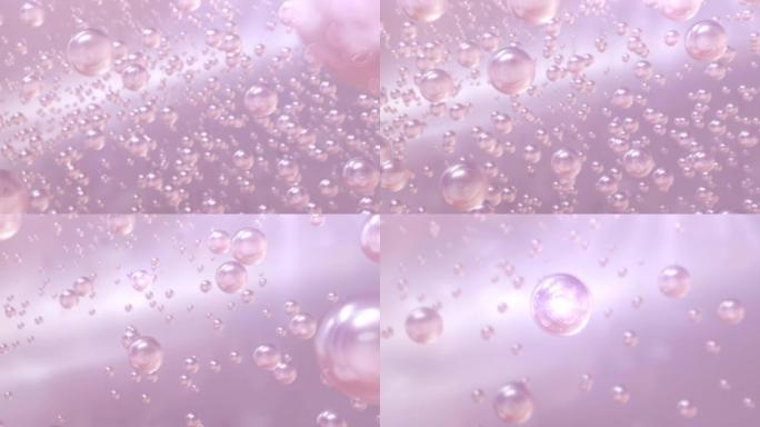 水中各种粉色金色气泡的宏观拍摄