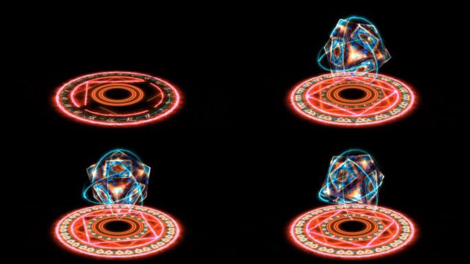 魔法圈强大的红色能量双天堂六星旋转和潘多拉永恒魔法火焰立方体空核