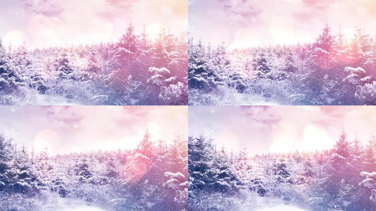 发光模糊灯光下的冬季风景动画