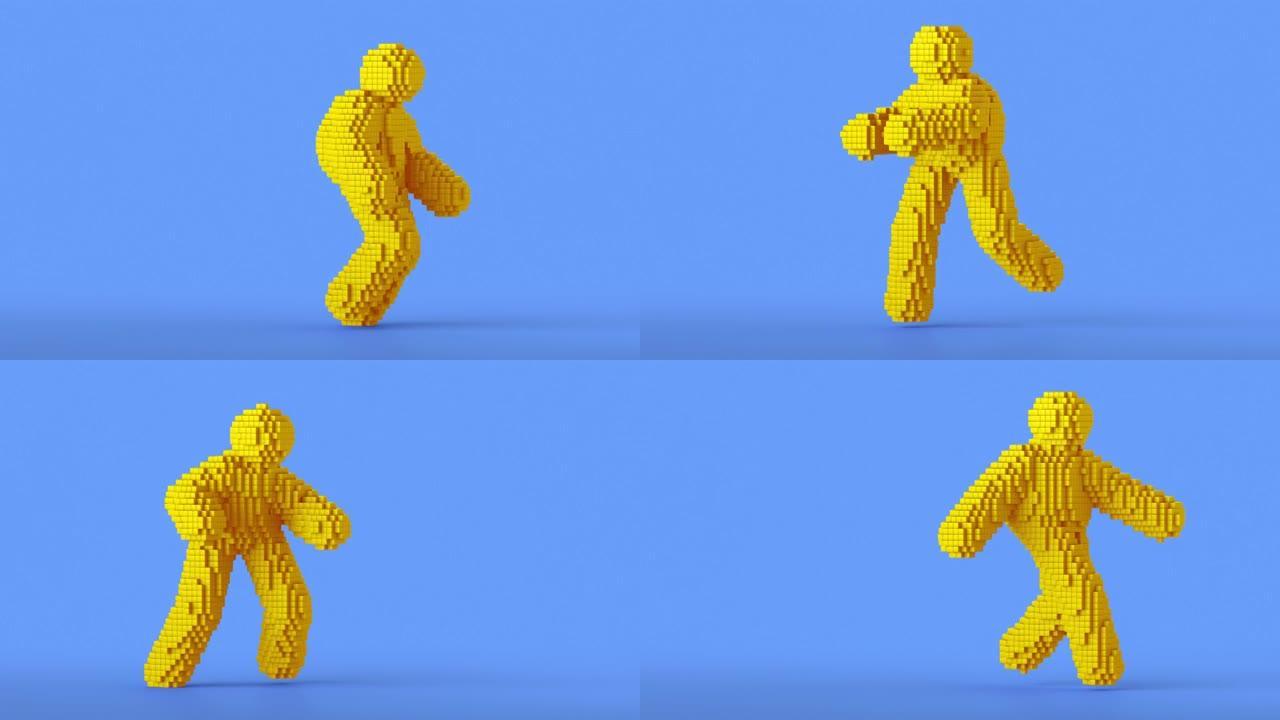 循环3d动画，黄色像素人卡通人物跳舞。蓝色背景上孤立的有趣吉祥物