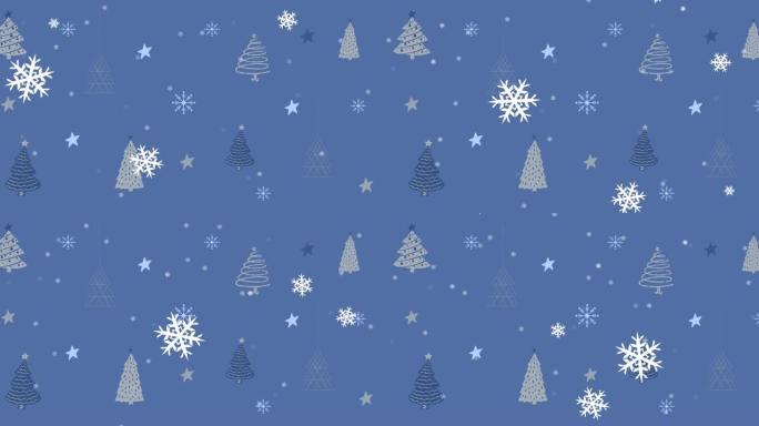 雪花落在蓝色背景上的圣诞树动画