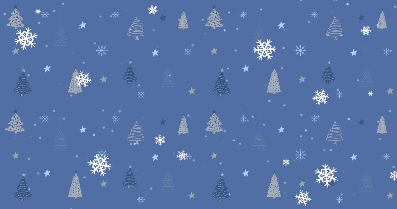 雪花落在蓝色背景上的圣诞树动画