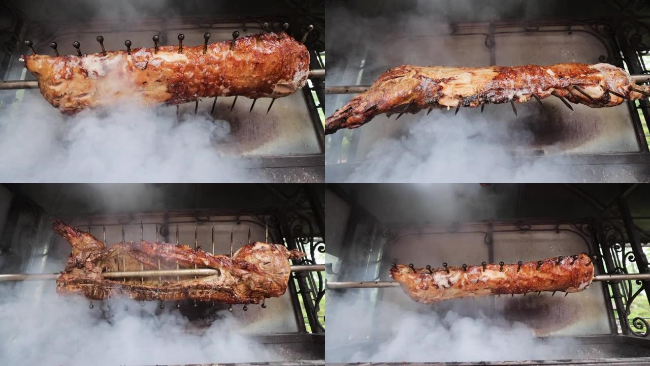 在烤箱里烤的羊肉。一些肉串正在烤。用热木炭烤的串羊肉。厨师在火焰上烧烤羊排