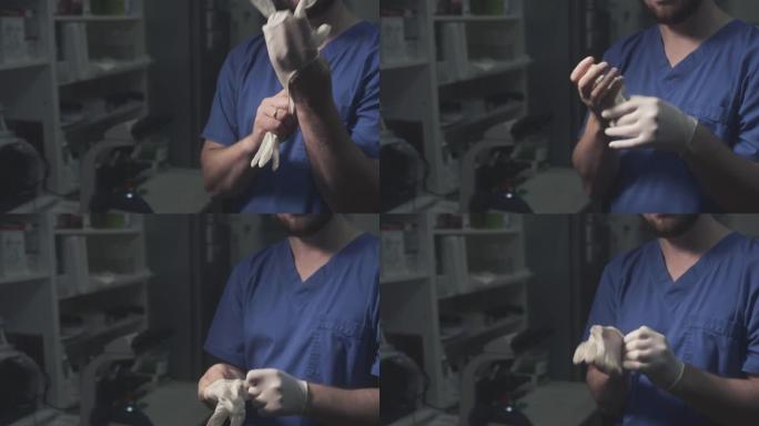 一位医生科学家戴上橡胶白色防护手套。实验室或医院办公室的科学研究。